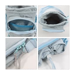 A drink bottle holder in light grey with a blue strap and zippered compartments for storage. Features a mesh pocket.