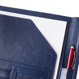 A4 Business Compendium in navy blue with a notepad, a pen, and various pockets for organisation.