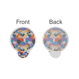 A foldable fan featuring a colourful abstract pattern on both sides with a white handle and a branding logo.
