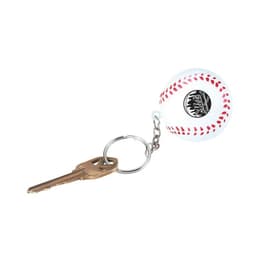 A white keyring featuring a baseball-shaped stress reliever with red stitching and a branded logo.