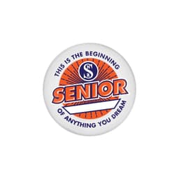 A round frisbee featuring vibrant orange and blue colours, with a logo and text design.