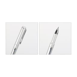 A silver pen with a clip and a shiny tip, showcasing both its closed and open positions.