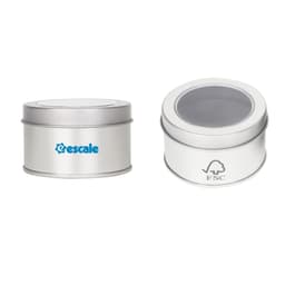 A small silver tin can with a clear lid, featuring a logo on one side and an FSC logo on the other.