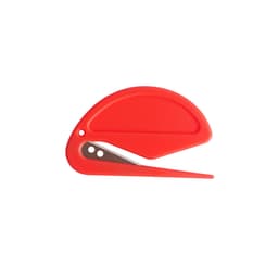 A red letter opener with a curved design and a metallic cutting blade. The item features a small logo.