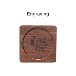 A square wooden coaster with a circular centre, featuring a dark wood finish and an engraved design.