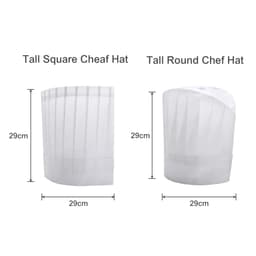 Two disposable non-woven chef hats, one tall square and one tall round, both in white, each measuring 29cm.