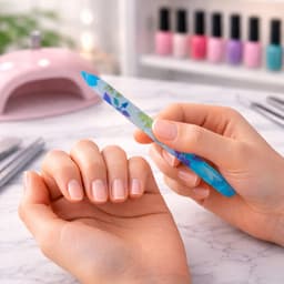 A crystal glass nail file with a floral design held between fingers, alongside neatly manicured nails and nail polish bottles.