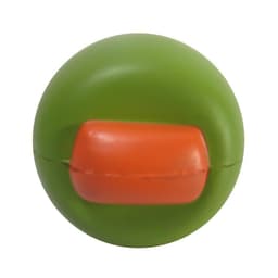 A green olive-shaped stress reliever featuring an orange accent, with a smooth texture and rounded design.