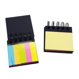 A black, four-layer sticky notepad featuring blue, pink, yellow, and green notes. It includes a ring binding and a cover.