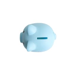 A light blue PVC piggy bank featuring a slot for coins and small decorative details.