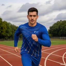 A man in a blue long-sleeved shirt runs on a track, with a logo on his shirt and a cloudy sky above.