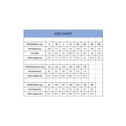 A size chart displaying measurements for men's, women's, and kids' polo shirts.