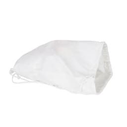 A white drawstring cotton bag with a simple design and a logo printed on it.