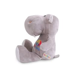 A grey hippopotamus plush toy with a colourful logo, featuring a rounded head and soft body, sitting upright.