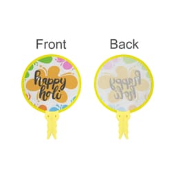 A 20cm foldable fan featuring a vibrant yellow frame and colourful artwork with the text "Happy Holi" on both sides.