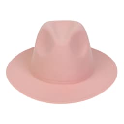 A pink felt wide brim fedora hat with a smooth finish and a rounded crown. Features a logo.