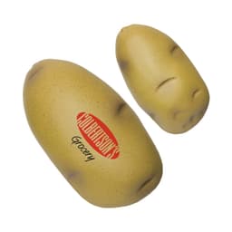 A potato-shaped stress reliever in yellow with a logo, featuring two distinct potato shapes.