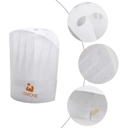 A white disposable non-woven chef hat with pleated design and a logo at the front.