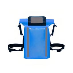 A waterproof crossbody handlebar bag in bright blue with reflective strips and black straps. Features a clear pocket.