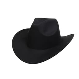 A classic black felt fedora cowboy hat with a wide brim and structured crown. Features a logo.