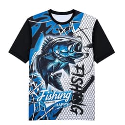 A vibrant blue and black fishing T-shirt featuring a fish graphic and mesh design, complete with a logo.