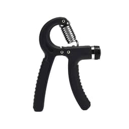 A black adjustable hand grip with a spring mechanism and textured handles for improved grip.