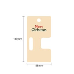 A cream-coloured product card with a hole and slot, featuring "Merry Christmas" printed in red and green.