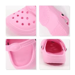 Pink pet clog slides featuring ventilation holes, a sturdy sole, and a back strap. Includes various angles of the product.