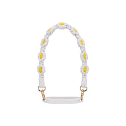 A drink bottle strap in white and yellow, featuring a woven flower design and gold attachments.