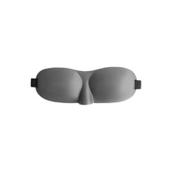 A cushioned eye mask in grey, featuring contours for comfort and an adjustable strap, with a logo on the side.