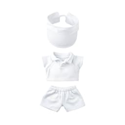 A plush doll racing suit set in white, including a visor, polo shirt, and shorts for 15–17cm dolls.