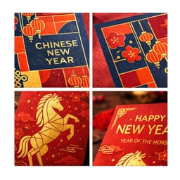 Four decorative Chinese New Year envelopes in vibrant red and gold featuring lanterns, flowers, and a horse design.