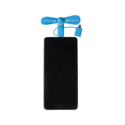 A blue 3 in 1 smart phone fan attached to a black smartphone, featuring a small connecting port.