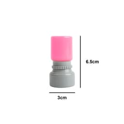 A grey and pink round stamp featuring a cylindrical design, measuring 6.5 cm in height and 3 cm in diameter.