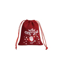 A red drawstring gift bag featuring a Christmas design with Santa, snowflakes, and stars. It has a festive look.