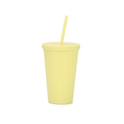 A matte yellow plastic cup with a lid and straw, designed for beverages. Features a branding logo.