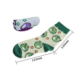 Woven socks featuring a light green base with frog patterns, and a smaller pair in purple and blue. Includes a logo.
