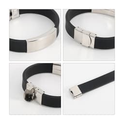 An engraved stainless steel buckle latch bracelet with a black rubber band and polished silver-tone accents. Features a logo.
