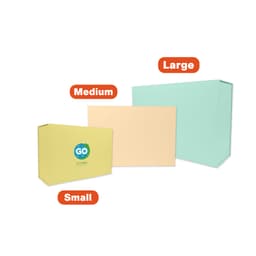 A medium foldable magnetic box in yellow, with a logo, alongside small and large boxes in pastel colours.