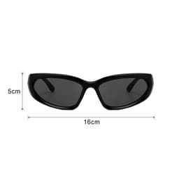 A pair of black wraparound sunglasses with dark lenses, measuring 5cm in height and 16cm in width.