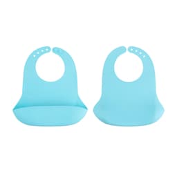 Two blue silicone bibs with snap closures, featuring a pocket at the bottom for catching spills.