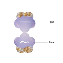 A floral-shaped sticky note pad featuring a pastel purple background with decorative golden and white balloons. It has a logo.