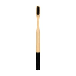 A large round handle bamboo toothbrush featuring a black bristle head and a natural bamboo handle. It has a logo.