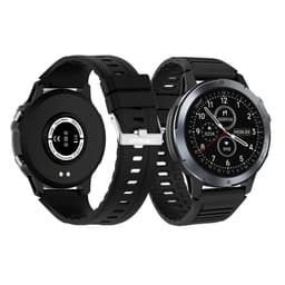 A round smart watch with a black silicone strap and a silver bezel, featuring a digital display and a back view.