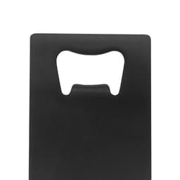 A drink bottle opener in a sleek black card shape design, featuring a built-in opener and a logo.