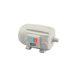 An engine-shaped stress reliever in white, featuring a logo and designed for fun and stress relief.