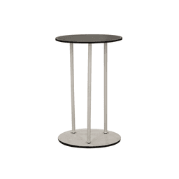 A compact, round table with a black top and silver legs, suitable for exhibitions and events.