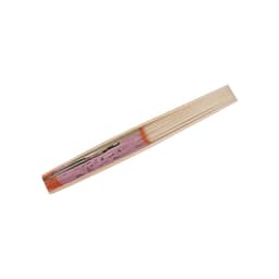 A foldable fan featuring a wooden frame with a gradient of pink to orange colours. It has a simple design and branding.