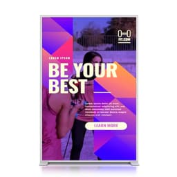 A tall backlit LED light box display featuring a vibrant purple and pink design with an abstract image and branding.