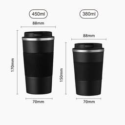 A stainless steel travel coffee mug in black, featuring a ribbed design and a lid. Includes two sizes with specified dimensions.